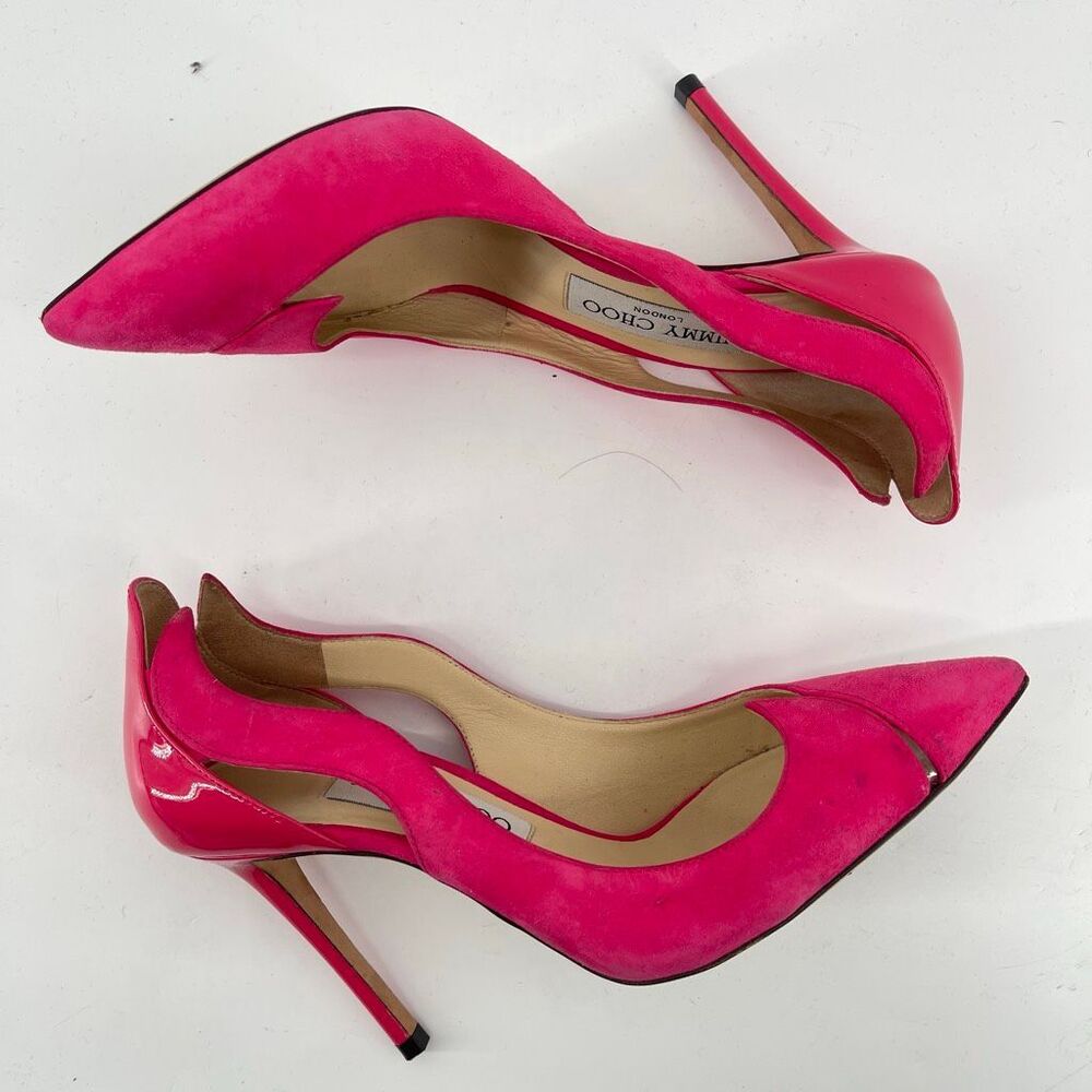 Jimmy Choo Saga 100 Pink Suede Patent Pointed Toe Pumps EU 37 US 7 - Picture 12 of 16